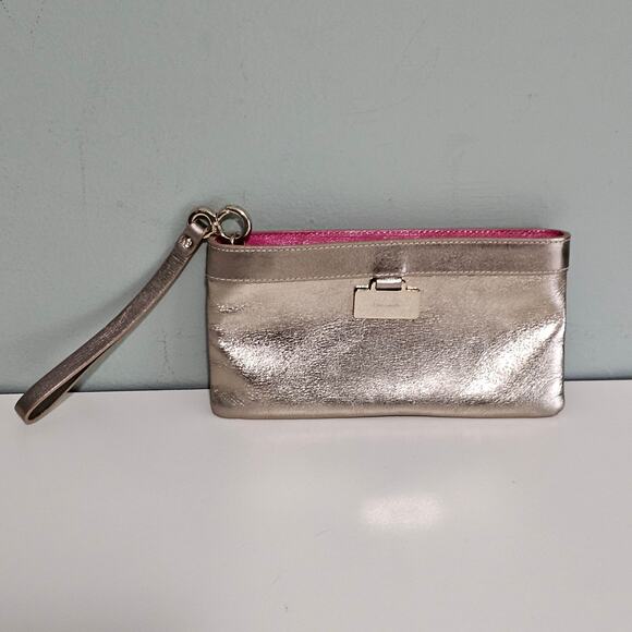 Kate Spade Zippered Christy Jane Street Gold Leather Hot Pink Wristlet Pouch - Picture 1 of 9